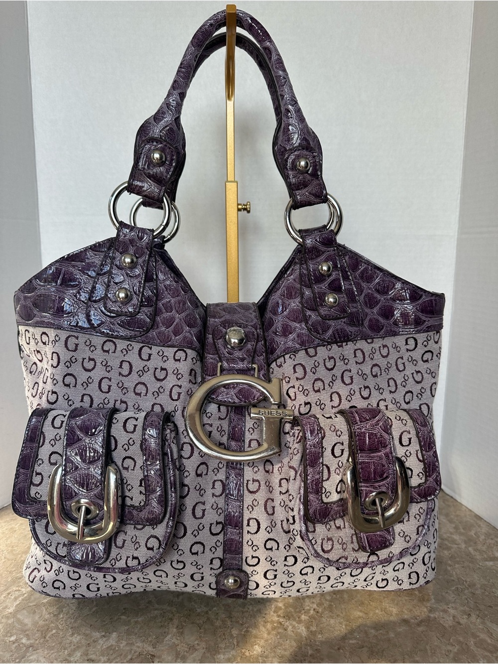 Vintage Guess Y2K Purple Croc Shoulder Bag Chunky G Logo Rare Hobo Glam Purse